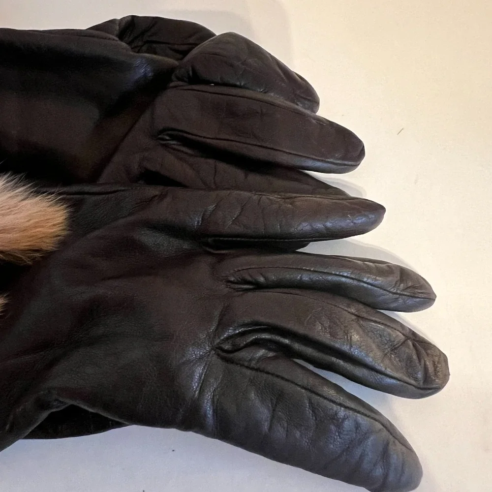 Portolano Brown Italian Leather Gloves Fur Cuff Cashmere Lined Women's Size 6.5